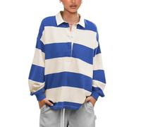 cffvdiz Übergroße Sweatshirt Für Frauen Gestreift Halb Knopf Schlitz Pullover Langarm Schlitz Saum Colorblock Lose Hemd Tops,Blau,S