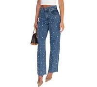 cffvdiz Y2K Damen Jeans mit Perlen und geradem Bein, überkreuzte Taille, rohe Kanten, Vintage, trendig, Boyfriend-Denim-Hose, Blau, Groß