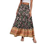 CFLONGE Langer Maxirock mit hoher Taille und Blumenmuster für Damen, langer plissierter Rock, langer lockerer Rock für Damen, Schwarz, XX-Large