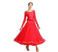 CHAGMEA Ballsaal Tanzkleid Für Frauen Walzer Tango Foxtrot Flamenco Tanzkleider Langarm Tango Tanzkleidung Spitze Modernes Tanzkostüm,Rot,S