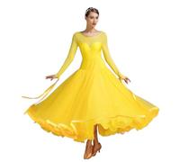 CHAGMEA Ballsaal Tanzkleid Für Frauen Walzer Tango Foxtrot Flamenco Tanzkleider Langarm Tango Tanzkleidung Spitze Modernes Tanzkostüm,Gelb,M