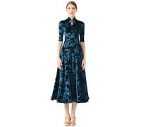 CHAGMEA Cheongsam Kleid, Traditionelle Pflaumenblüte Frauen Chinesisch Lange Cheongsam Brautjungfer Abendkleid,Peacock Blue,XXL