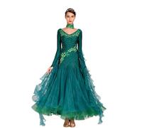 CHAGMEA Damen Ballsaal-Tanzkleid Mit Langen Ärmeln, Walzer-Tango-Tanzkleid, Standard-Kleid Für Den Modernen Tanz, Wettkampfkleid,Dark Green,M