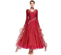 CHAGMEA Damen Ballsaal-Tanzkleid Mit Langen Ärmeln, Walzer-Tango-Tanzkleid, Standard-Kleid Für Den Modernen Tanz, Wettkampfkleid,Wine red,XXL