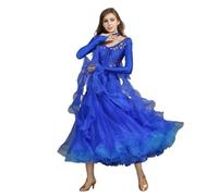 CHAGMEA Damen Ballsaal-Tanzkleid Mit Langen Ärmeln, Walzer-Tango-Tanzkleid, Standard-Kleid Für Den Modernen Tanz, Wettkampfkleid,Blau,M