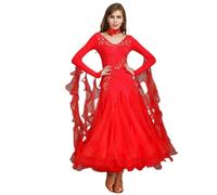 CHAGMEA Damen Ballsaal-Tanzkleid Mit Langen Ärmeln, Walzer-Tango-Tanzkleid, Standard-Kleid Für Den Modernen Tanz, Wettkampfkleid,Rot,S