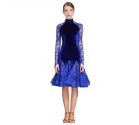 CHAGMEA Damen Tanzkleid Standard Ballsaal,Langärmeliges Tanzkleid Mit Spitze Für Damen,Tüll-Tanzkleid,Blau,XL