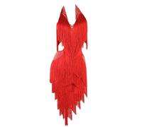 CHAGMEA Latein Tanz Performance Kleider Mit Fransen Für Damen Ärmelloses Tango Modern Turnierkleid Mit V-Ausschnitt Rückenfrei Ballsaal Tanz Outfit Nackter Rücken,Rot,S