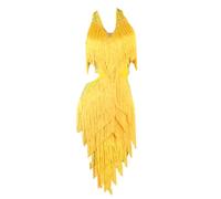 CHAGMEA Latein Tanz Performance Kleider Mit Fransen Für Damen Ärmelloses Tango Modern Turnierkleid Mit V-Ausschnitt Rückenfrei Ballsaal Tanz Outfit Nackter Rücken,Gelb,S