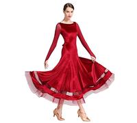 CHAGMEA Tanzkleider Damen Standard Lange Ärmel Performance Kleider Moderne Walzer Training Tanzkleidung Tango Ballroom Dress,Rot,M