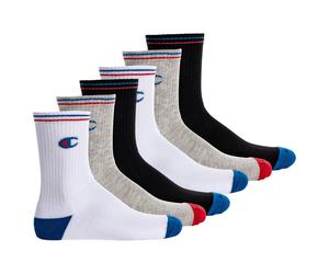Champion Unisex Socken, 6 Paar - Crew Socken, Logo, Streifen Schwarz/Weiß/Grau EU 43-46