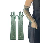 changyexi Lange Handschuhe aus durchscheinender Spitze mit Perlen, für Damen, formell, Tüll, Ellenbogenlänge, Kostüm, Abendkleid-Accessoire, Schwarzes Grün, Einheitsgröße