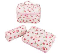 CHANGYUE 3er Set gestepptes Make-up-Täschchen, Kosmetikbeutel mit Blumenmuster, Reisetaschen mit großer Kapazität for Frauen und Mädchen (Erdbeere)