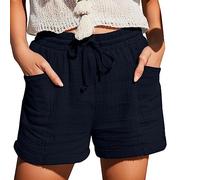 Chanpning Damen Shorts Sommer Mode Lässige Musselin Hose mit hoher Taille Gerades Bein Sport Lässige Lockere Shorts mit Kordelzug Kurze Hose mit Taschen Gummiband Freizeit Shorts Elastische Stoffhose