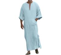 Chanpning Nachthemd Herren Lang Eid Marokkanisches Kleid Muslim Ethnischer Tunika mit Taschen Pyjama Ethnische Kleider Djellaba Outfit Leinen Thobe Seite Split Abaya Muslim Kaftan