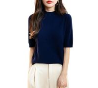 Chanyarn Damen 100% Merinowolle Kurzarm Pullover 2025 Frühjahr Sommer Winter Weich Leicht Rollkragen Nahtloser Strickpullover Sweatshirt (Navy Blau,M)