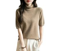 Chanyarn Damen 100% Merinowolle Kurzarm Pullover 2025 Frühjahr Sommer Winter Weich Leicht Rollkragen Nahtloser Strickpullover Sweatshirt (Tan,S)