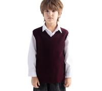 Chanyarn Jungen 100% Merinowolle Pullunder 2025 Herbst Winter Mädchen Lässig V-Ausschnitt ärmellos Strickpullover Weste (Dunkelrot,160cm)