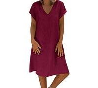 CHAOEN Damen Leinenkleid Sommer Kurzarm V-Ausschnitt Sommerkleid Strandkleid Locker Langes Kaftan Kleid mit Taschen Fließende Baumwoll Leinen Kleid Blusekleider