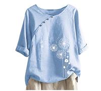 CHAOEN Damen Vintage T-Shirt Leinen Bluse Oberteile Blumendruck Sommershirt Kurzarmshirt Lose Leinenbluse Pusteblume Motiv Hemd Strandshirt Top
