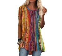 CHAOEN Longbluse Damen Kurzarm Rundhals Locker Tunika Tops Long Shirt Mode Bunte Drucken Lose Lang Bluse Hemdbluse Baumwoll Tee Mode Frühling Sommer Damenbluse Oversize