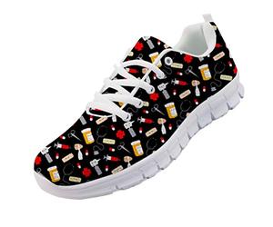 chaqlin Frauen Casual Running Walking Sneakers Schnüren Komfortable Soft Flats Sport Gym Trainer für Herren mit Cute Nurse Schuhe Schwarz Größe Eur40