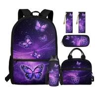 chaqlin Rucksack für Kinder, Schulanfang, Lunch-Tasche, 5-teiliges Schultaschen-Set, Rucksack, Federmäppchen, Lesezeichen, Wasserflaschenträger, violettfarbener schmetterling, Niedlich