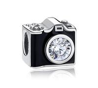 Charm-Anhänger aus echtem 925er-Sterlingsilber, Motiv Kamera, Serie: „I Love to Travel“ für Armband und Halskette, DIY-Schmuck, Emaille,