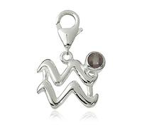 Charm Anhänger Sternzeichen Wassermann 15mm, 925 Sterling Silber mit Fluorit Edelstein grau, Karabiner für Armband Kette