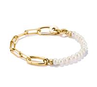 Charm-Armband THOMAS SABO "Charm Club Connect: Perlen und Paperclip mit einem Connect Link" Gr. 17, gold (gelbgoldfarben, weiß), Armbänder, Damen, 17, Perlen Silber 925 (recycelt), Perlen, Silber 925