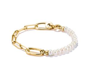 Charm-Armband THOMAS SABO "Charm Club Connect: Perlen und Paperclip mit einem Connect Link" Gr. 19, gold (gelbgoldfarben, weiß), Armbänder, Damen, 19, Perlen Silber 925 (recycelt), Perlen, Silber 925