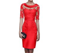 Charmant Damen 2020 Neu Champagner Satin Abendkleider Partykleider Ballkleider Langarm Knielang Festlich Kleider -38 Rot