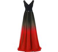 Charmant Damen 2020 Neu V-Ausschnitt Chiffon Abendkleider Ballkleider Brautjungfernkleider Lang A-Linie Rock-40 Schwarz/Rot