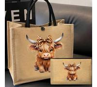 Charmante Highland Cow Themen Muster Leinen Tragetasche, Münzbeutel, Umschlagtasche, Reißverschlusstasche, personalisierte Geschenkverpackung, cartoon