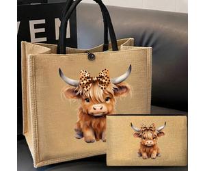 Charmante Highland Cow Themen Muster Leinen Tragetasche, Münzbeutel, Umschlagtasche, Reißverschlusstasche, personalisierte Geschenkverpackung, cartoon