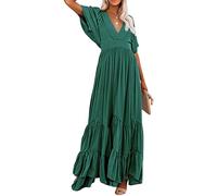 CHARTOU Damen-Maxikleid im Boho-Stil, Rüschenärmel, fließend, Schnürung am Rücken, gestuft, Party, A-Linie, Grün , X-Groß
