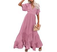 CHARTOU Damen-Maxikleid im Boho-Stil, Rüschenärmel, fließend, Schnürung am Rücken, gestuft, Party, A-Linie, Pink, Klein