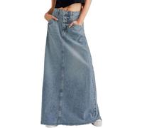 CHARTOU Damen-Maxirock im Vintage-Stil, Denim, ausgefranster Saum, hohe Taille, A-Linie, langer Jeansrock, Hell, blau, Groß