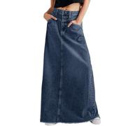 CHARTOU Damen-Maxirock im Vintage-Stil, Denim, ausgefranster Saum, hohe Taille, A-Linie, langer Jeansrock, Dunkelblau, L