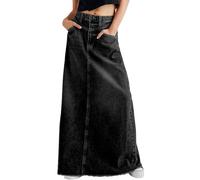 CHARTOU Damen-Maxirock im Vintage-Stil, Denim, ausgefranster Saum, hohe Taille, A-Linie, Langer Jeansrock, Schwarz, Mittel