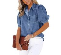 CHARTOU Lässige Damenjacke, gewaschen, Used-Look, Puffärmel, Denim, Druckknopf, Hemd, Jeansjacke, Mantel, Blau, M