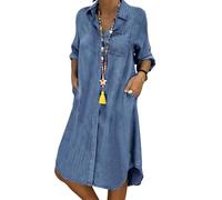 CHARTOU Langärmeliges Damenkleid aus Denim, Knopfleiste, Midi-Jeanskleid, Blau, X-Groß