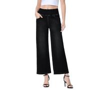Chasehot Baggy Jeans Damen,Pull On High Waist Stretch Weites Bein Jeans,Y2K Cropped Straight Leg Jeanshose 7/8 Hose Sommer Mit 4 Taschen,Schwarz-XL