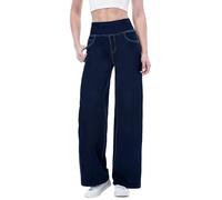 Chasehot Baggy Jeans Damen,Pull On Wide Leg Jean Mit Gummibund High Waist Stretch,Weites Bein Jeanshose Mit 4 Taschen,Blau-XXL,31"