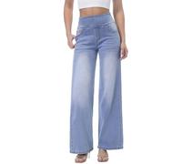 Chasehot Baggy Jeans Damen,Pull On Wide Leg Jeans Mit Gummibund High Waist Stretch,Weites Bein Jeans Damen Mit 4 Taschen Jeanshose zum Anziehen,Island Blau-M,31"