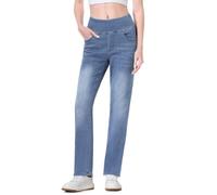 Chasehot Jeans Damen,Pull On Straight Jeans Mit Gummibund,High Waist Stretch Denim Jeggings Mit 4 Taschen,Tapered Bootcut Jeanshose Gerades Bein Jeans,Mittelblau-29-S