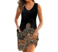 CheChury Ärmelloses Kleid Damen Elegant Kleider Damen Sommer Tank Kleid V Ausschnitt Boho Sommerkleid Leicht Kleider A Linie Knielang Casual Freizeitkleid Kurzes Ethnischer Strandkleid,Schwarz,L