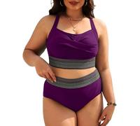 CheChury Bikini Damen Große Größen Hoher Taille Bikini Set Push Up Badeanzug Bauchweg Bademode Zweiteiliger Swimsuit Bikini Damen Set Bikini Oberteil Große Oberweite High Waist Bikinihose Violett 3XL
