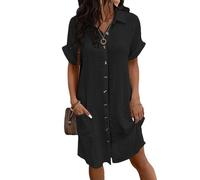 CheChury Damen Kleid Kurzarm Elegant Hemdkleid V Ausschnitt Damen Sommer Kleid Knopfleiste Sommerkeider Knielange Locker Lässig Kleider Casual Kurzes Einfarbig Freizeitkleid mit Taschen,Schwarz,L