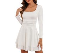 CheChury Damen Kleider Square Neck Elegant Partykleid Langarm Kleider Cocktailkleid Bodycon Kleid Kurz Langarmkleid Abendkleider Minikleid Slim Fit Hohe Taille Falten Kleid Eckigem Ausschnitt,Weiß,S